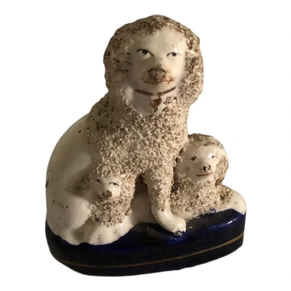 Trio Exquisite Antique Woolly Staffordshire Poodles with Pups Cobalt Base 5